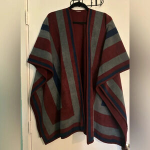 Woolrich Maroon Navy Grey Striped Blanket‎ Poncho Reversible Polyester OS Fleece